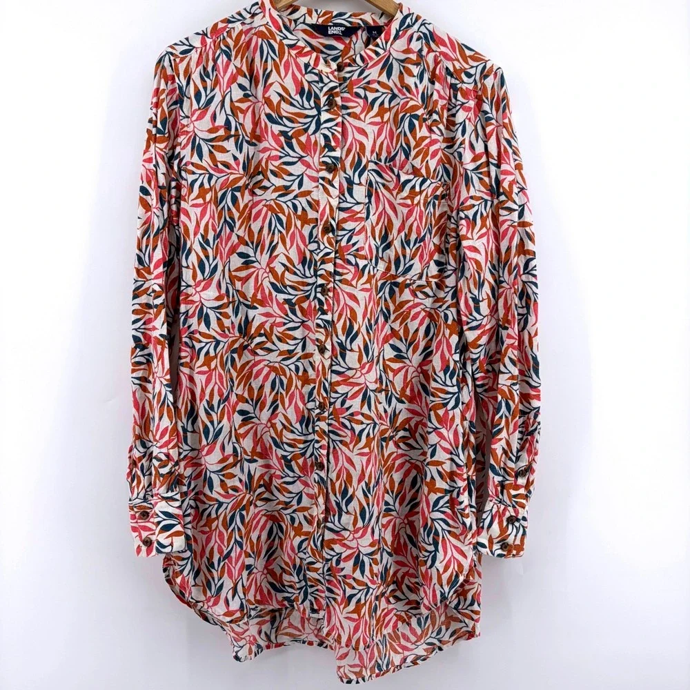 Lands End Womens 100% Linen Band Collar Leaf Print Lg Sleeve Tunic Shirt M 10-12 - Picture 2 of 10